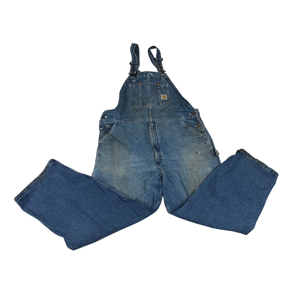 Carhartt Mens Blue Denim Bib Overalls 42x30 Distressed Workwear Dungarees R07DST
